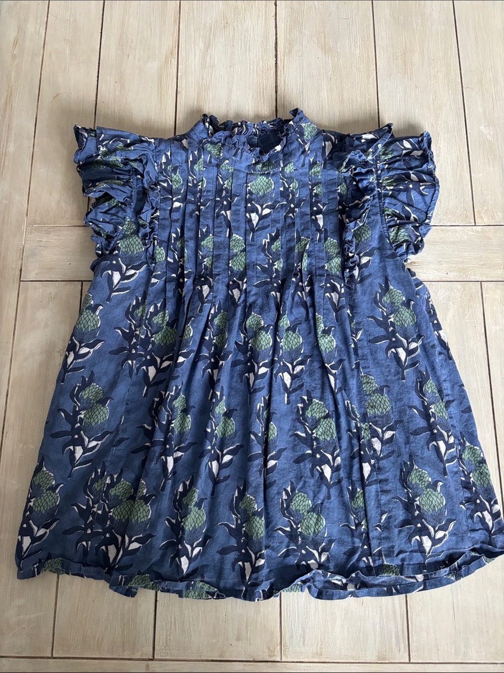 Victoria Dunn Blue Green Floral Ruffle Neck Sleeveless Blouse Large